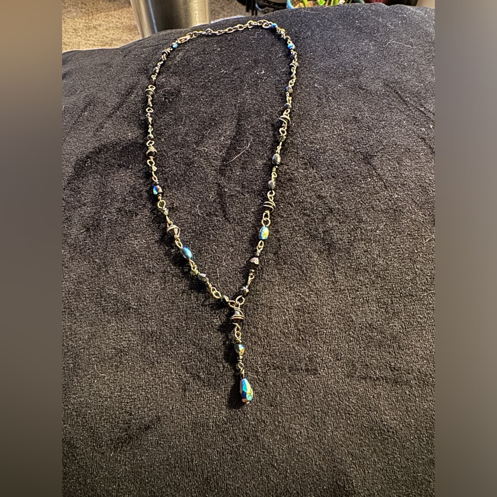Blue and black delicate beading with silver chain